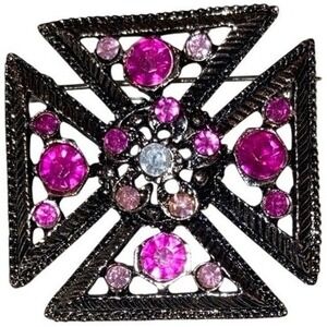 Antique Style Cross Brooch Pin Pink Crystal Rhinestone Gunmetal Finish Statement